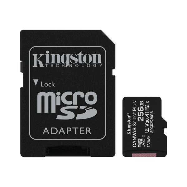 Cartão de memória Kingston Micro SDXC 256GB Classe 10 100MB/s Canvas Select Plus + Adaptador SD (Cópia)